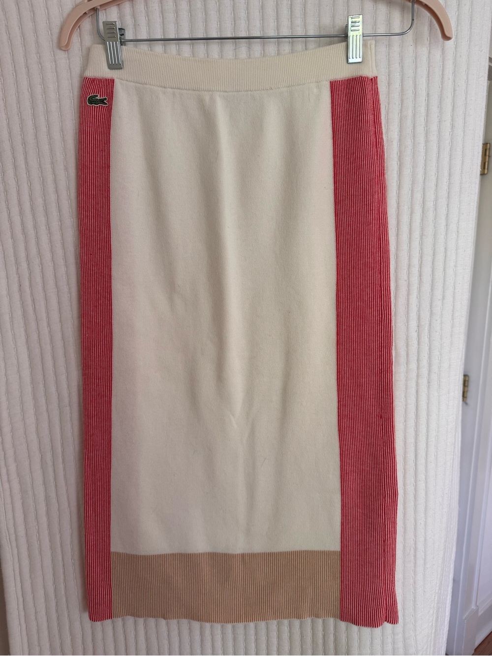 Lacoste Knit Skirt Cream Red Stripe Logo Size 36